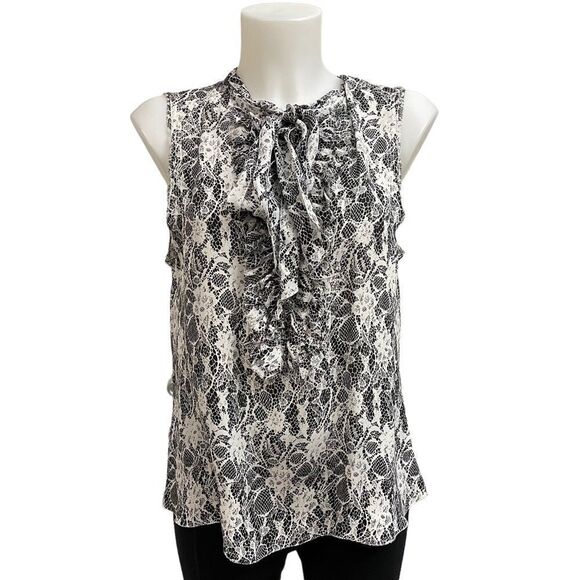 L'AGENCE Tops - SALE!!!!!  L'AGENCE Black & White Lace-Print Sleeveless Ruffle Tie Blouse